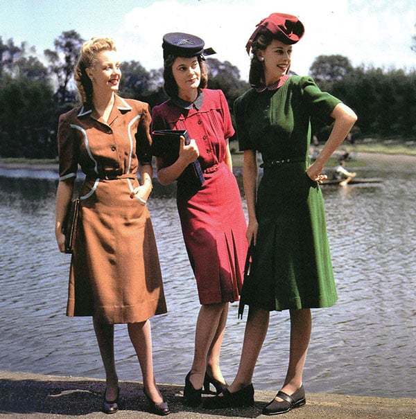 1940's/1950's era - 3 women in plain 1940's day dresses and simple hats