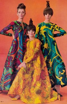 swinging 60's & 70's 3 women in kaftan dresses with swirling colour blocks