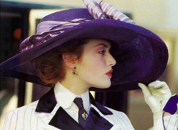 are vintage hats fashionable - rose from the movie titanic 1997 motion picture holding her straw wide brimmed hat wearing a walking suit and gloves