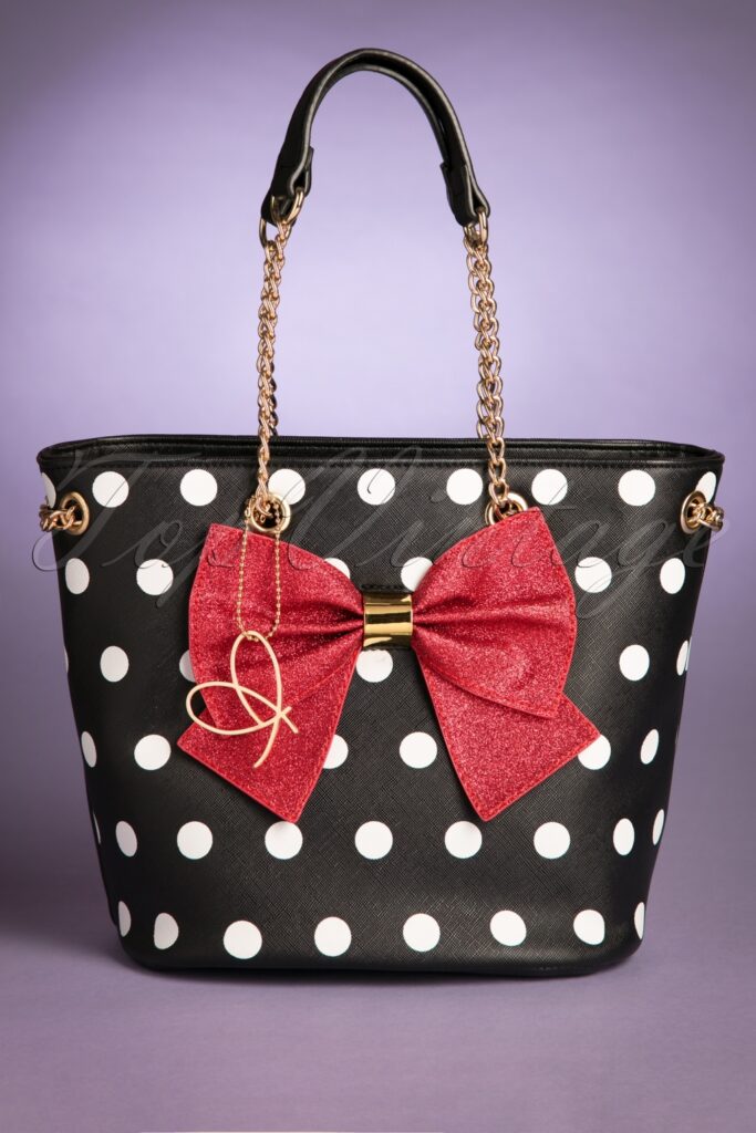 bags from the war era - spotted tote bag with a large bow and chain handle