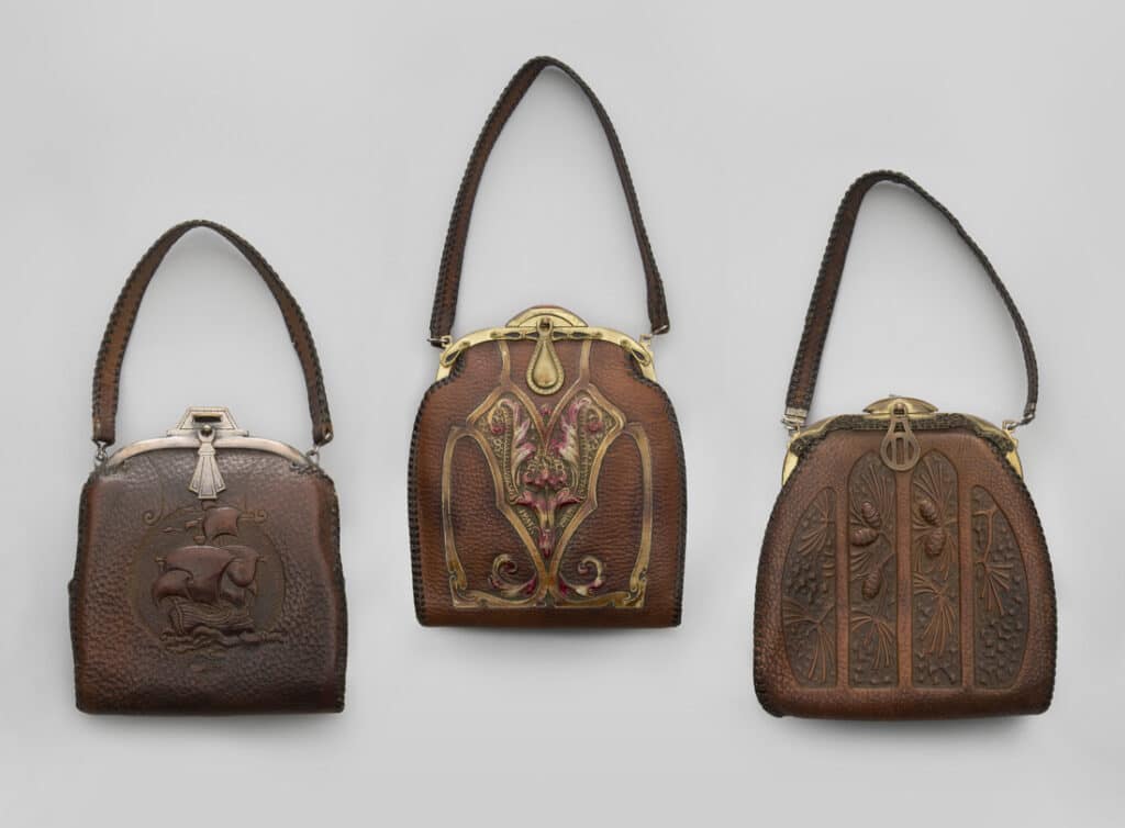 the 1920's handbag - a row of leather handbags designed with american frontier