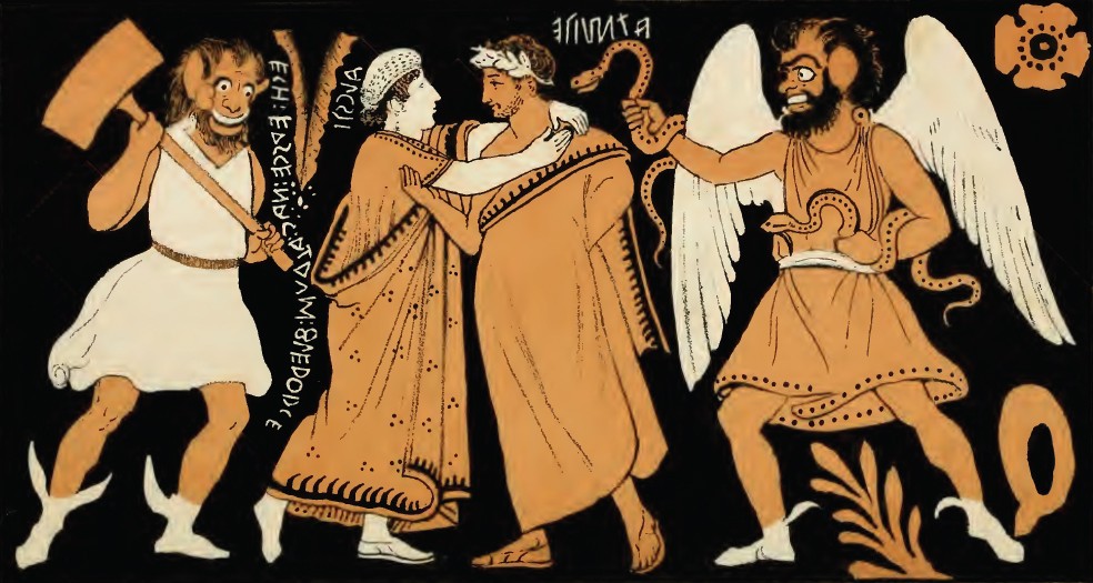 togas and tunics - ancient greek satirical play scene with half man/half goat approaching a couple