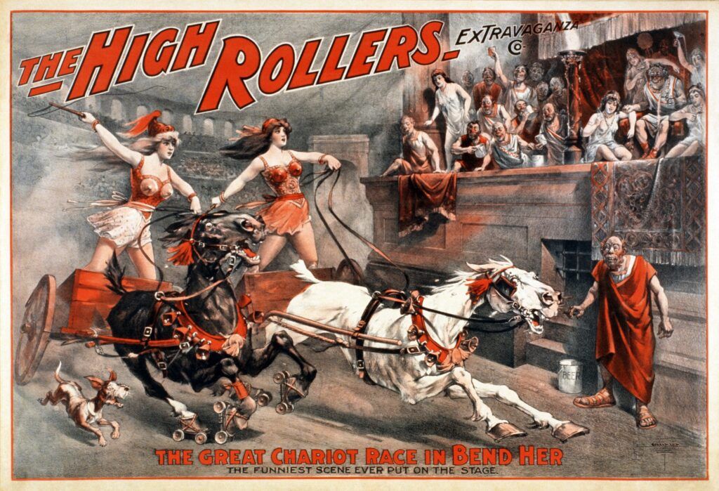 burleque as born - theatrical poster of a chariot race with women steering horses and one horse on skates