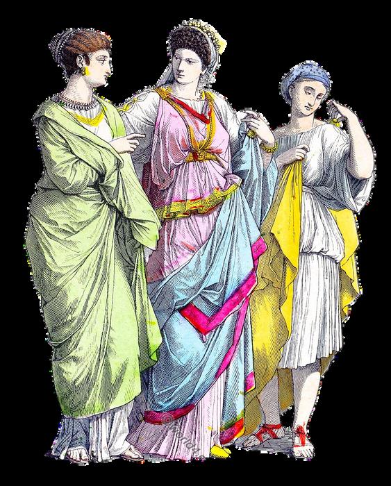 togas and tunics - 3 roman noble women dress in different stolas draped around their bodies