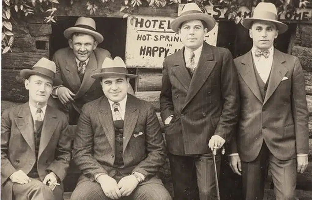 the gangster, roaring 20's - al capone and his mobsters in suits and trilby hats