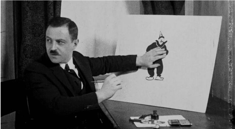 an iconic figure in animation - max fleischer drawing koko the clown in his studio