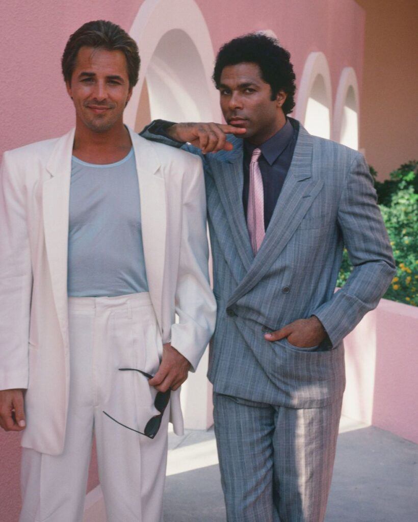 all things bold and flouro - miami vice stars wearing casual loose suits with padded shoulders