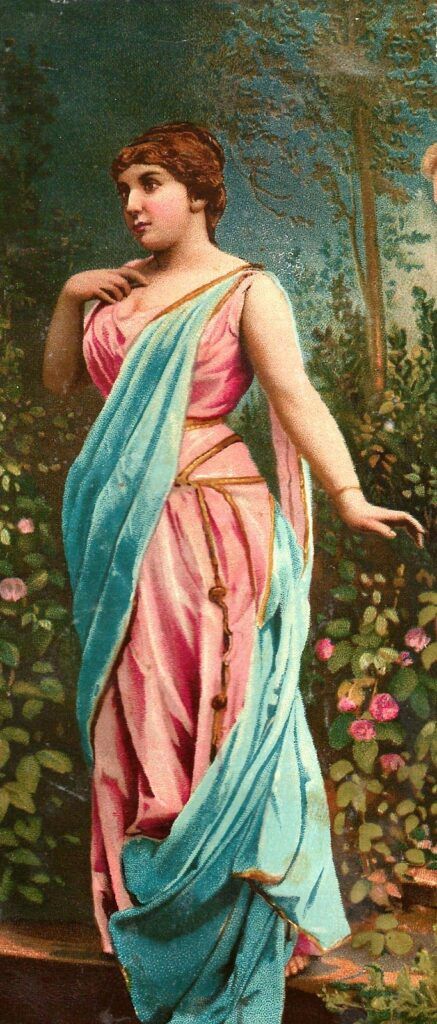 togas and tunics - ancient greek female in a toga draped around her body like a long scarf wearing a pink dress with gold trimming on the waistline