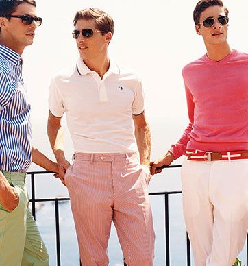 all things bold and flouro - men in pastel coloured sets at a balcony