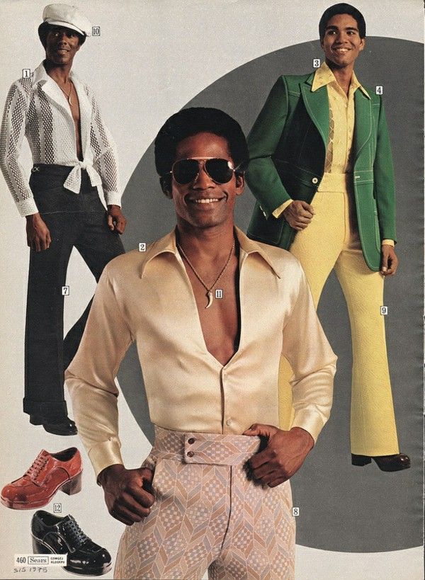 the peacock revolution and beyond - men dressed in 70's disco attire with tight pants and open neck shirts, but no belts worn in the evenings