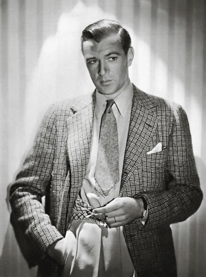 mid century style - hollywood actor in tweed jackert and baggy pleated pants