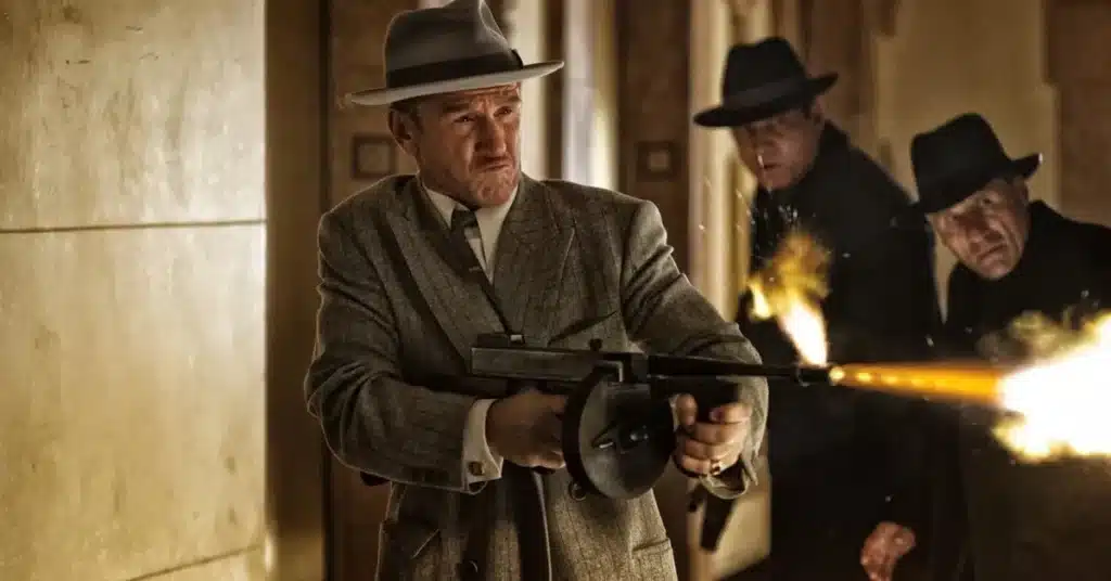 the gangster, roaring 20's - men shooting with the thompson sub-machine gun