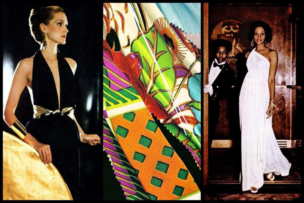 swinging 60's & 70's - photo split in 3 with models in evening gowns and a silk fabric displayed