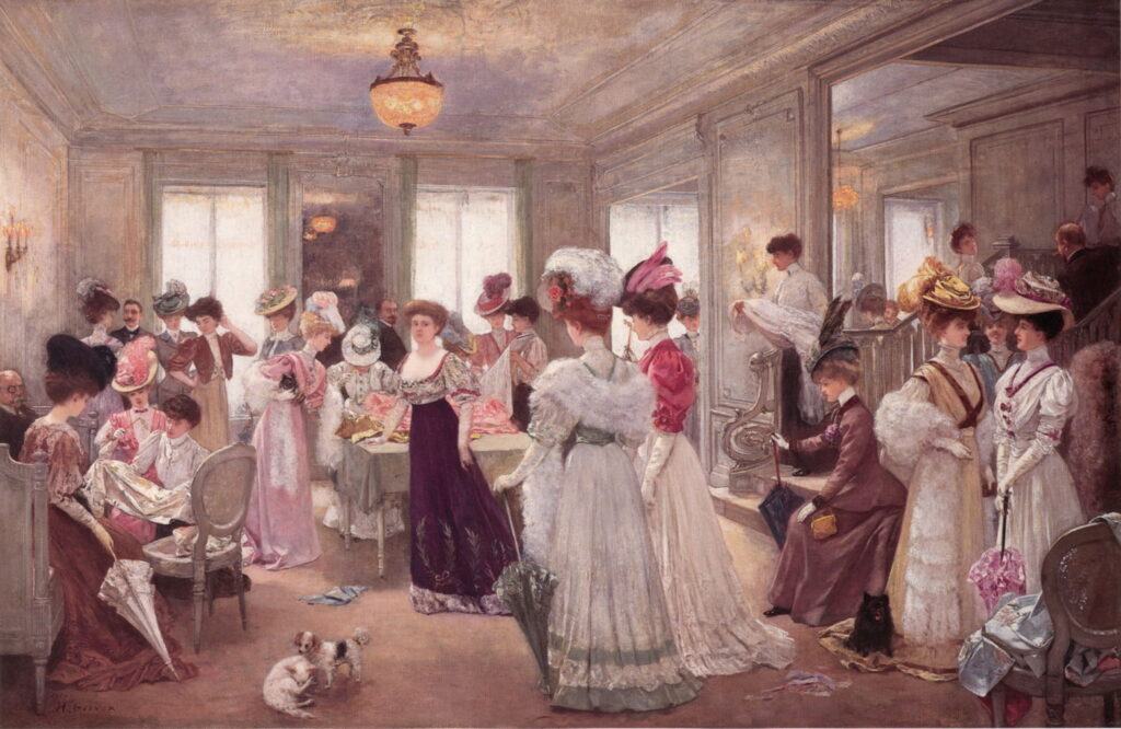 edwardian era -  a dressmakers design studio room filled with ladies wanting to try on outfits