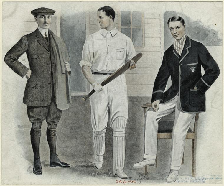 the edwardian gentleman - 3 sportsmen dressed in cricket, sailing and shooting attire