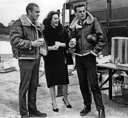 mid century style - hollywood actors in shearling wool bomber jackets with lady co star