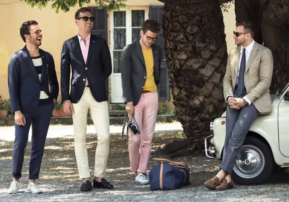 all things bold and flouro - group of guys in preppy style attire outside a building