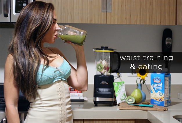 practicing safe and comfortable corset wearing - young woman in a corset drinking a health blended drink