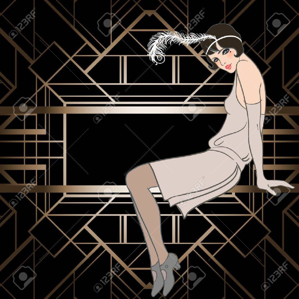 image of animated 1920's flapper girl sitting with art deco image behind her