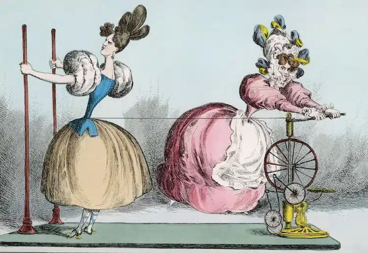 vintage diagram of two women trying to wind up a corset to close on the opposite woman