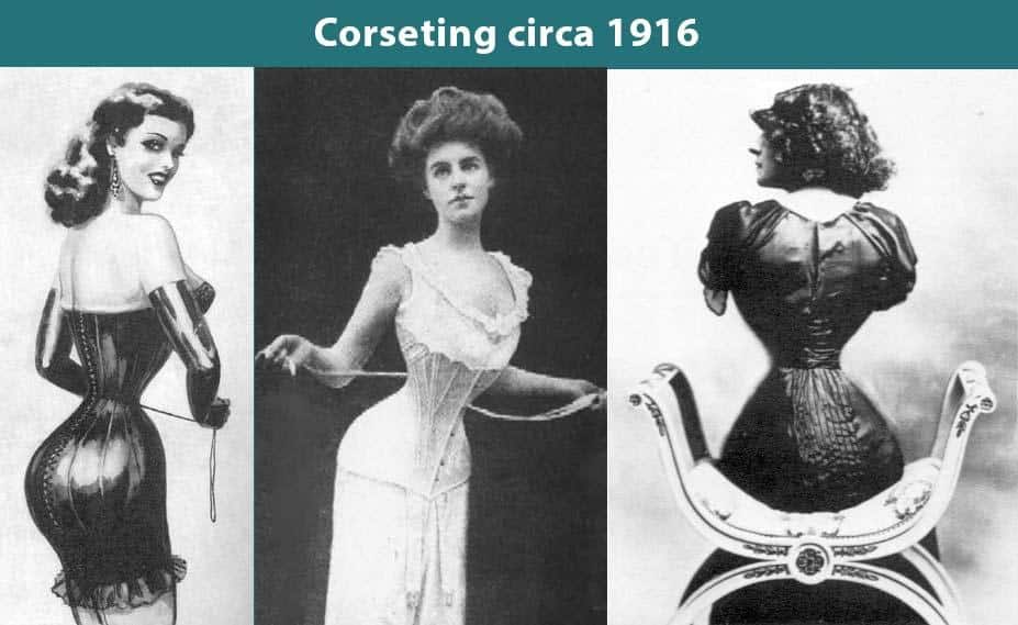 understanding the history of corsetry in fashion - split in 3 image of 3 women showing a wasp waist during 19th and 20th century