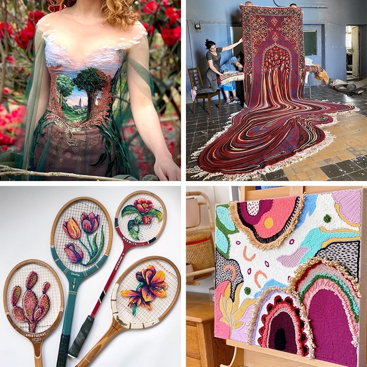 the beauty and appeal of vintage textiles - 4 images in a collage depicting different woven designs from tapestry canvas to textile printing using upcycle fabrics