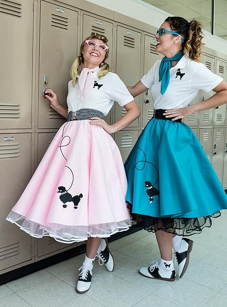 2 girls in different poodle skirts and saddle shoes with white blouses and scarves