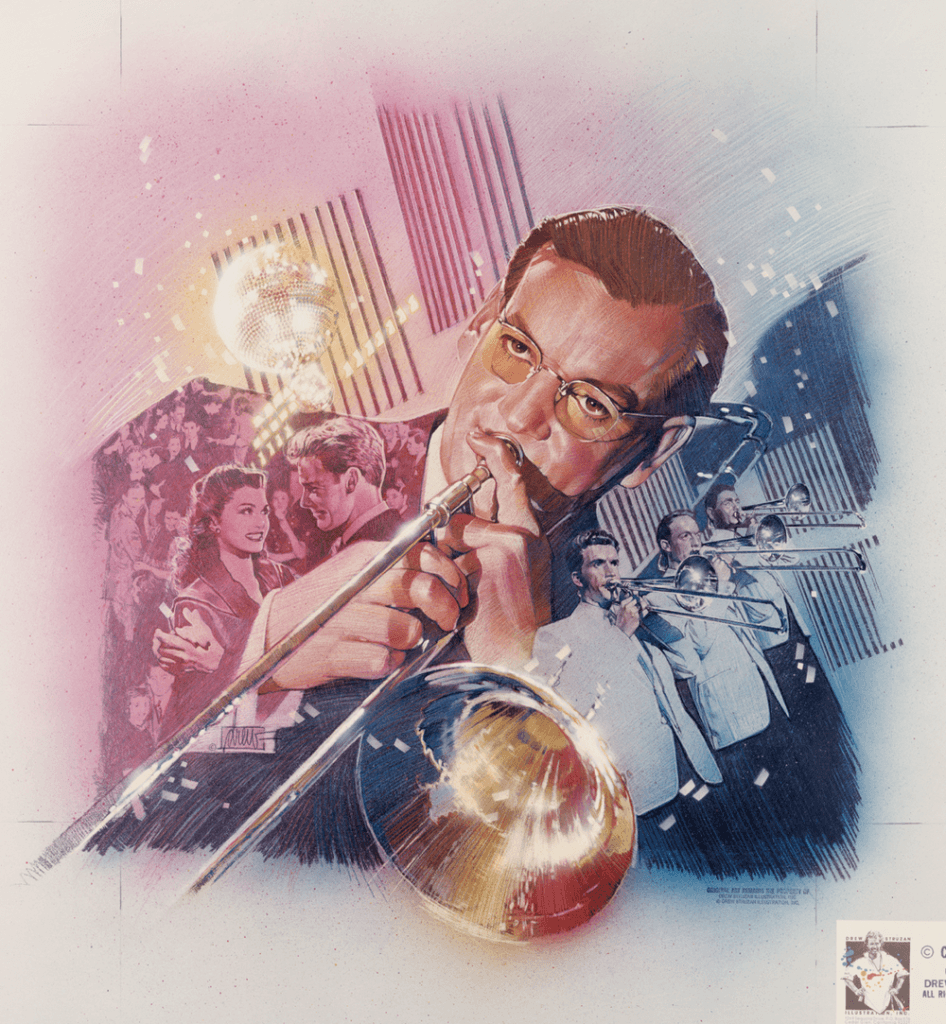 reflecting music through fashion - glenn miller superimposed image background for advertising purposes