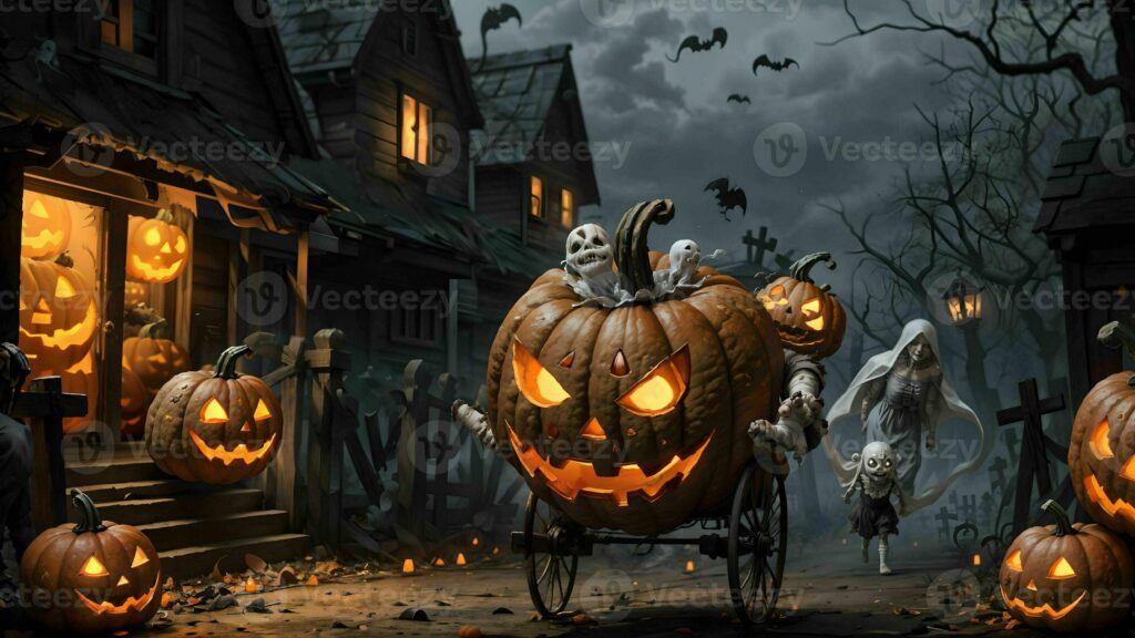 the dark elements of halloween - sinister jack-o-lantern images with frightening pumpkins and ghostly figures