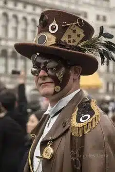 the steampunk aesthetic - man decorated with a face mask in leather, captain tassle trims and top hat with playing cards and peacock feathers