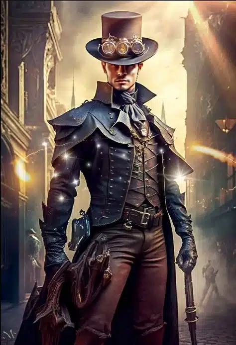 steampunk aesthetic - AI generated image of steampunk man in full regalia and neck scarf