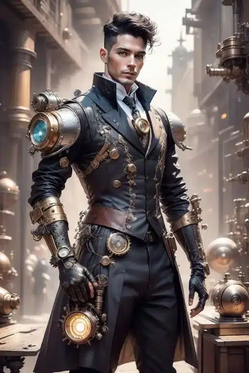 AI and personalized styles - nautical look steampunk created man with many goggles holding a underwater torch