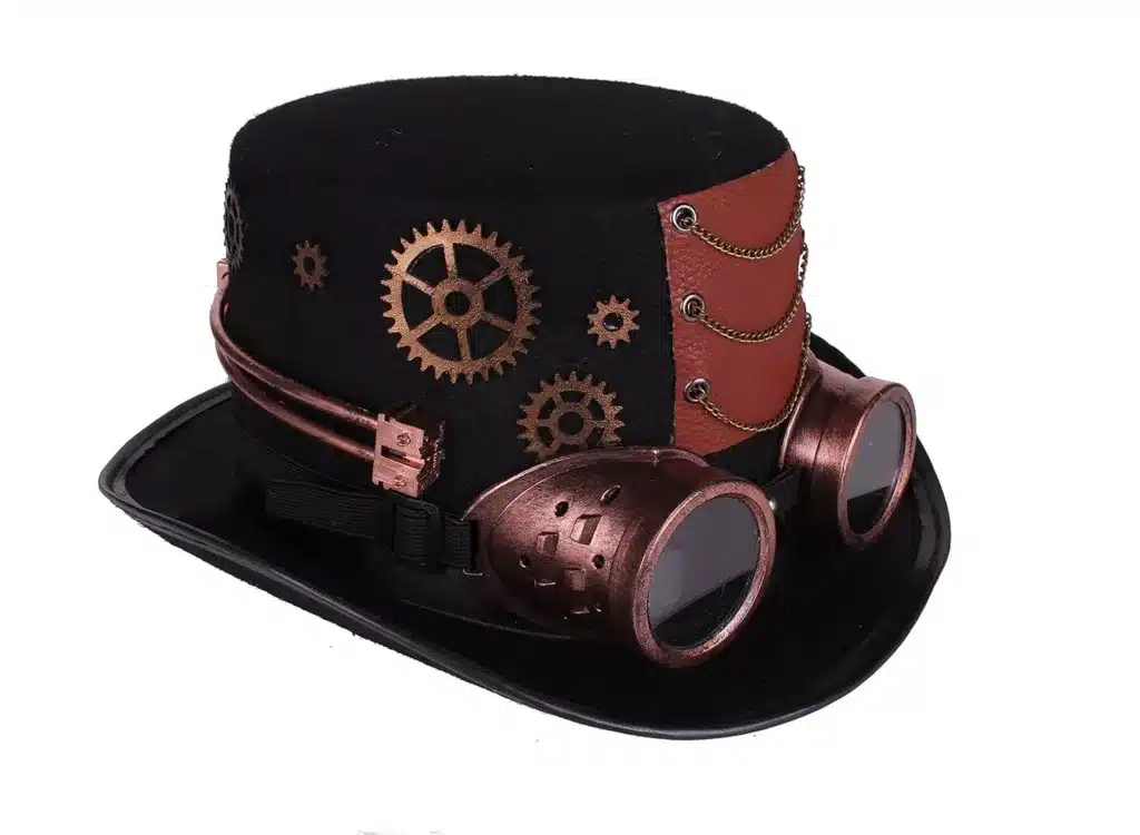 reviewing men's steampunk fashion - men's top hat with goggles cogs and chains