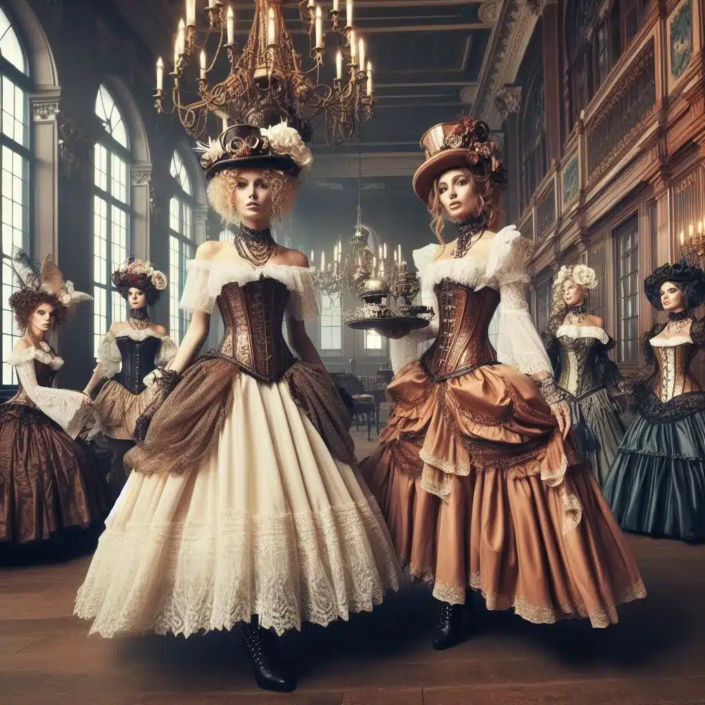 introducing the steampunk feminine look - ladies dressed in victorian steampunk costumes adorned  with large hats in historic surroundings - AI generated image