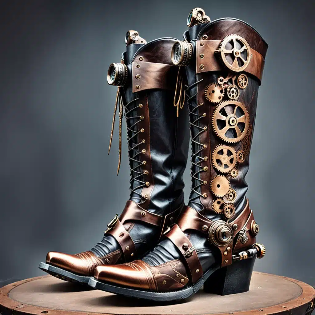 reviewing men's steampunk fashion - men's lace up boots adorned with cogs wheels brass trims and goggles