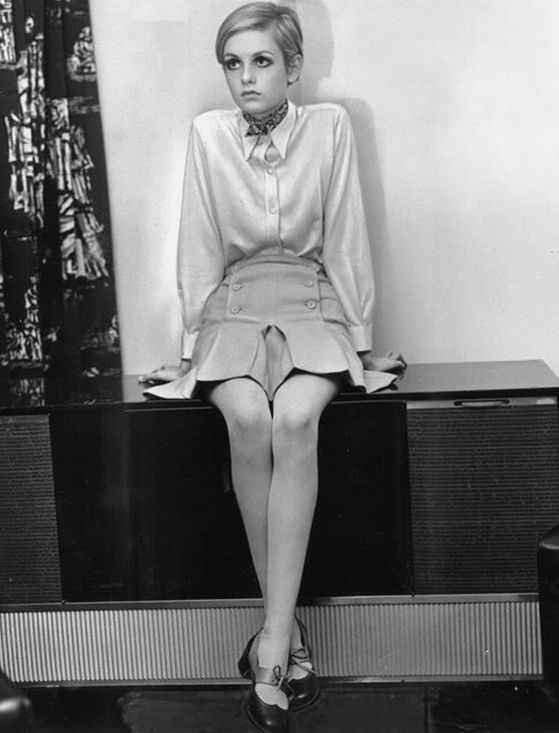 the impact of fashion's golden age icons - twiggy in a mini skirt and short boyish haircut