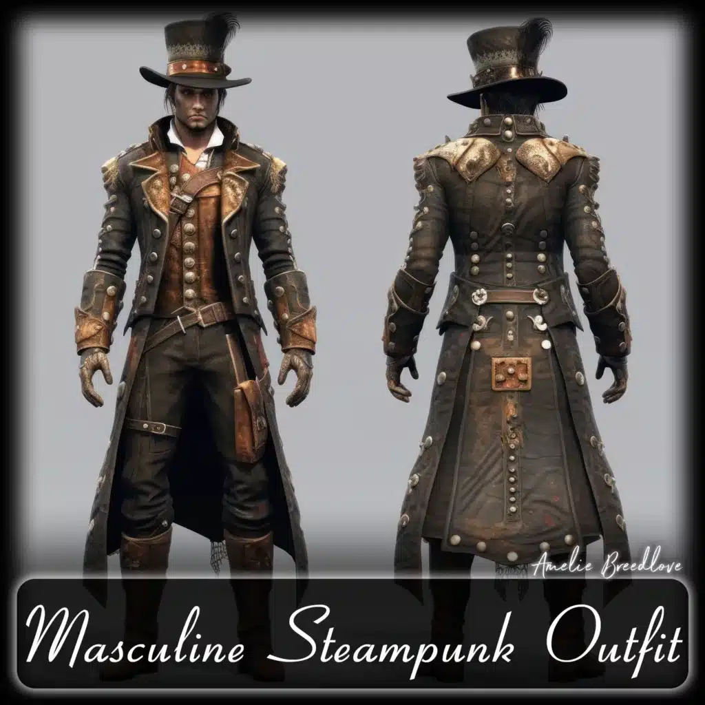 reviewing men's steampunk fashion - heavy men's leather coat adorned with brass  elements and shoulder raisers and character top hat