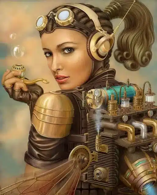 wardrobe staples, the complete costume ensemble - Ai generated image of woman holding a pipe wearing steampunk aviator hat, headphones and backpack with gadgets