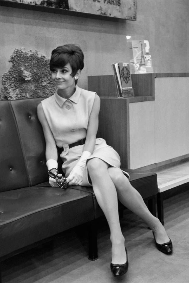 the interest of vintage fashion icons - audrey hepburn sitting in a 1960's shift dress and court shoes