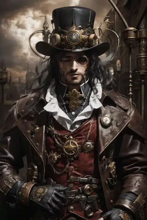 AI and personalized styles - fantasy created image of man heavily adorned with many cogs and gadgets wearing several layers beneath a leather jacket complete with hat and glasses