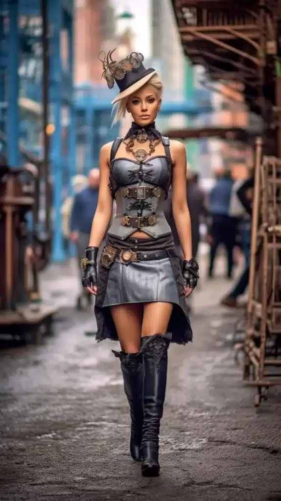 how to shop for steampunk attire - modern woman in mini steampunk skirt, and top adorned with gadgets and cogs with choker accessories, boots and hat