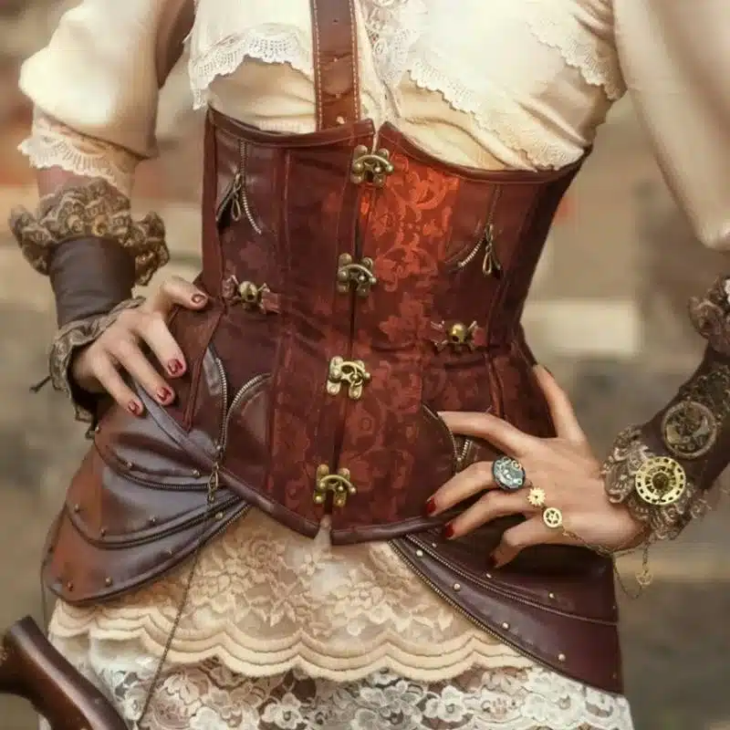 wardrobe staples, the complete costume ensemble - intricate designed leather corset with brass closures and side tails