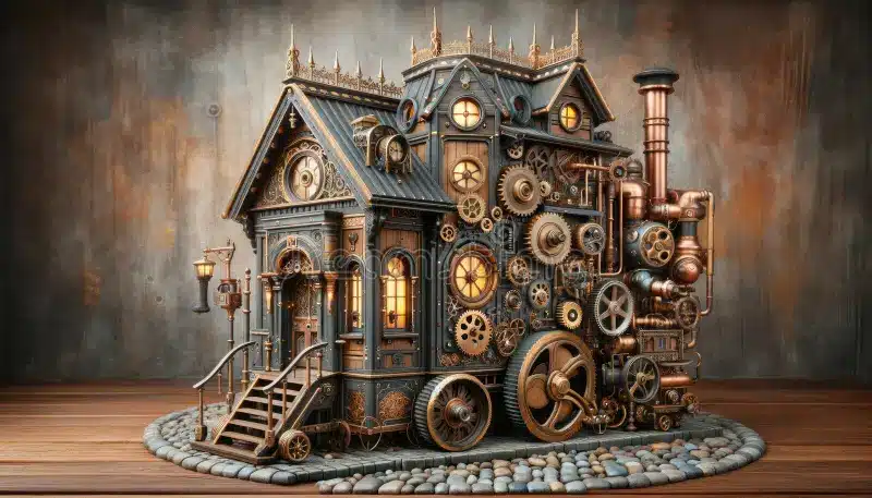 reviewing men's steampunk fashion - steampunk figurine of steam train looking house adorned with cogs wheels and blast pipe