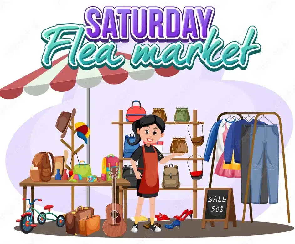 how to spot authentic vintage clothing, sell or trade items - animated market stall for saturday flea market image