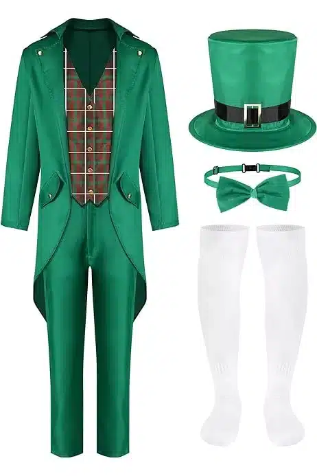accessibility and generality in celebrating with celtic attire - a mans leprechaun costume showing details of every piece to be worn