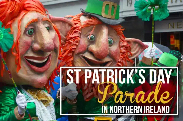 giant irish face masks worn in a parade depicting leprechauns