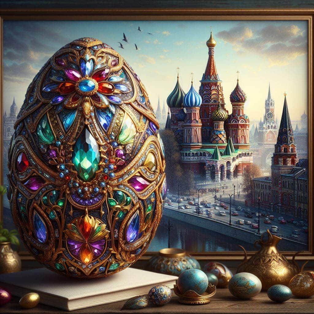 exploring the symbolism of russian faberge eggs - AI created image of a jewelled faberge egg on a podium overlooking russia's famous buildings