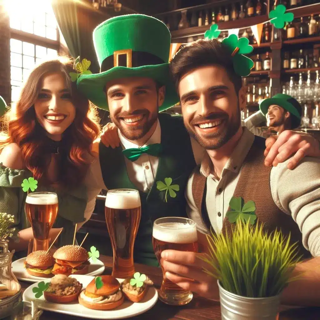 the lure of st.patricks day - AI created image of 3 people sharing guinness and burgers dressed in irish colours