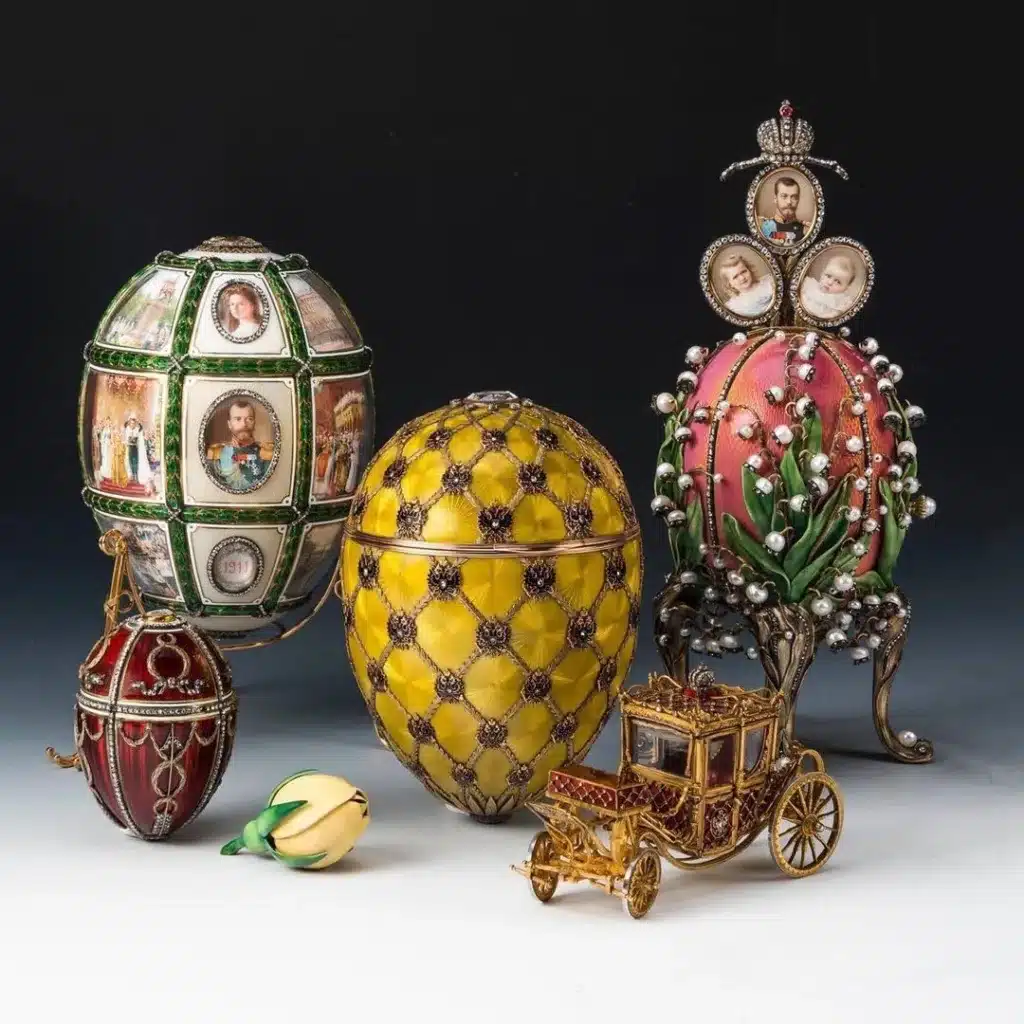 how the faberge egg symbolized the fusion of artistry innovation and tradition - group of faberge eggs including the imperial coronation, lily of the valley with photo collage atop,  rosebud and family tree egg 