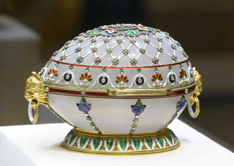 the symbolic grandeur of faberge eggs - the russian renaissance egg circa 1894 in white with 4 primary colours dotted on it